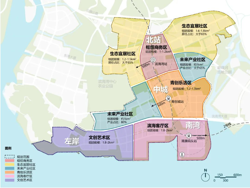 沙角半岛位于滨海湾三大板块中心，定位为城市服务中心，以滨海湾大道及绿轴形成的复核中轴为核心，包含“北站、中城、南湾、左岸”四大组团.jpg